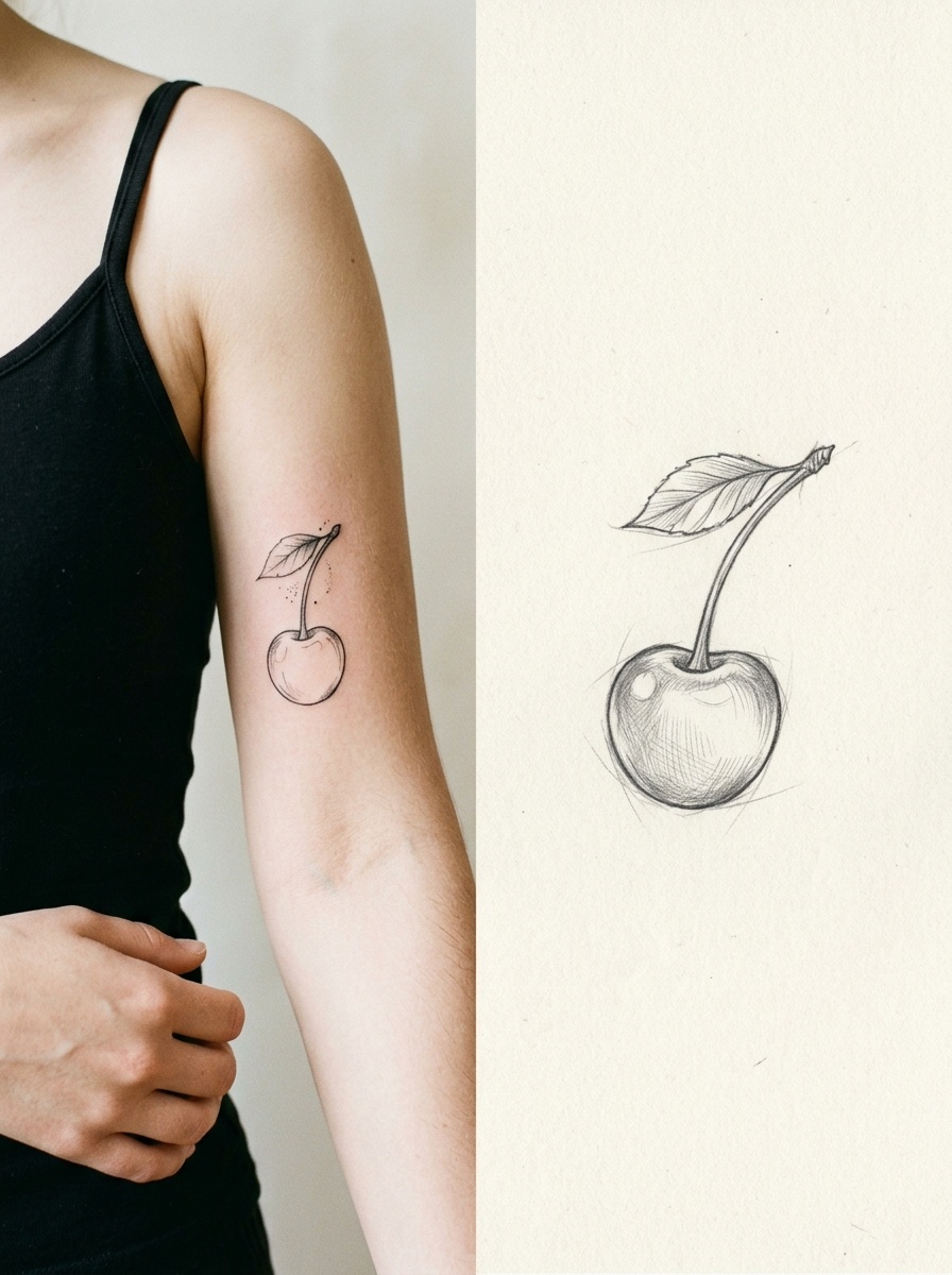 Minimal black ink cherry tattoo on inner upper arm beside pencil sketch of cherry - delicate linework botanical tattoo idea