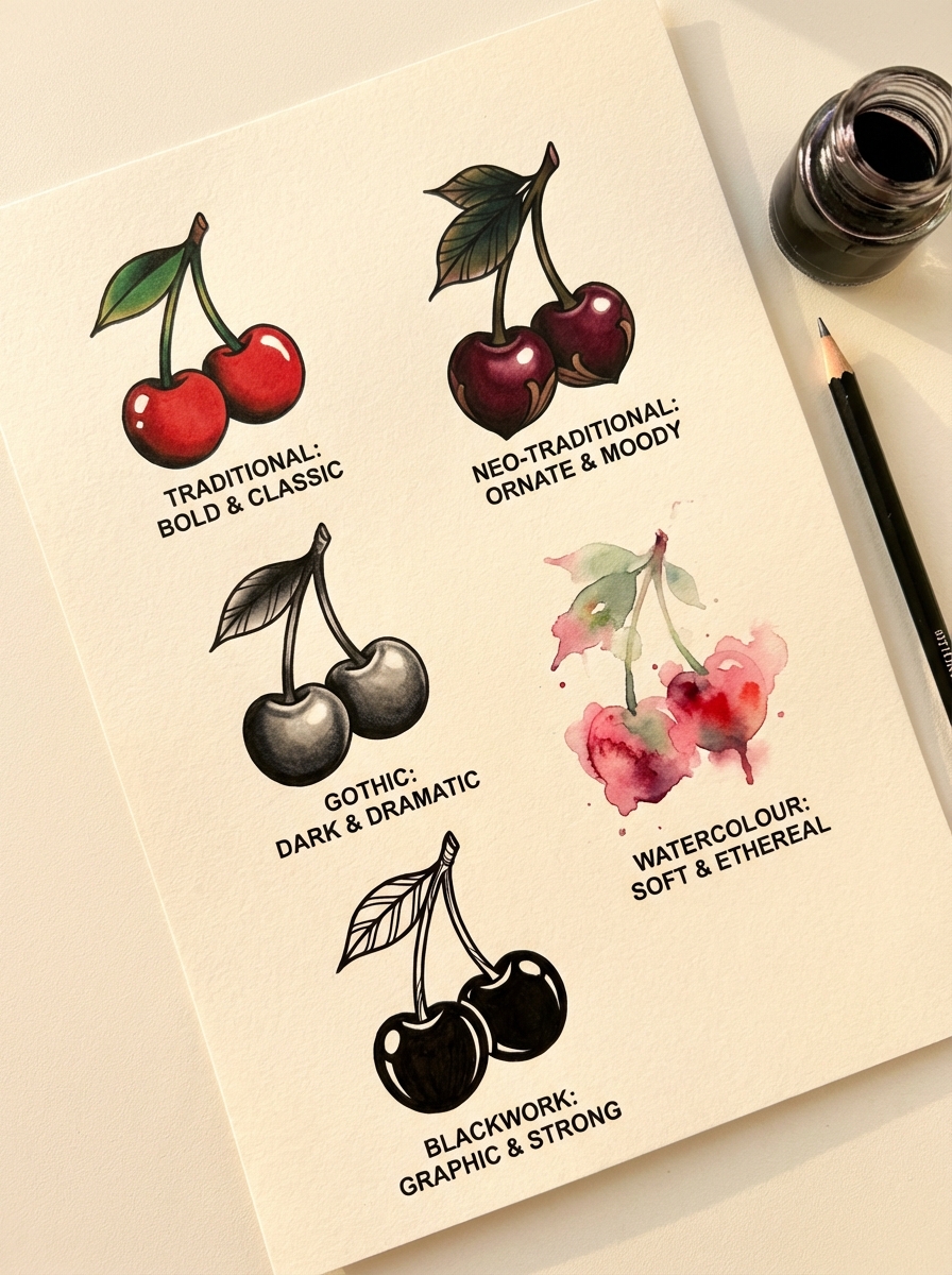 Cherry tattoo style sheet: traditional, neo-trad, gothic, watercolor, blackwork illustrations with pencil and ink