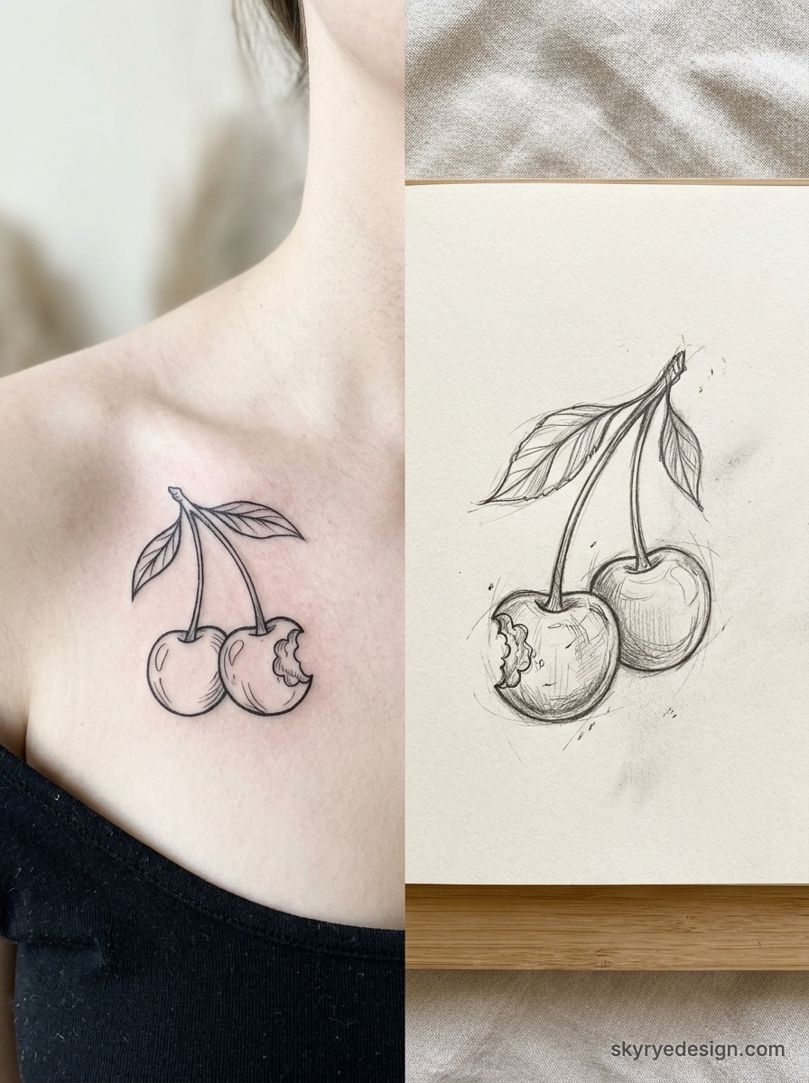 Cherry tattoo and pencil sketch: minimal black-line twin cherries, one bitten, on collarbone