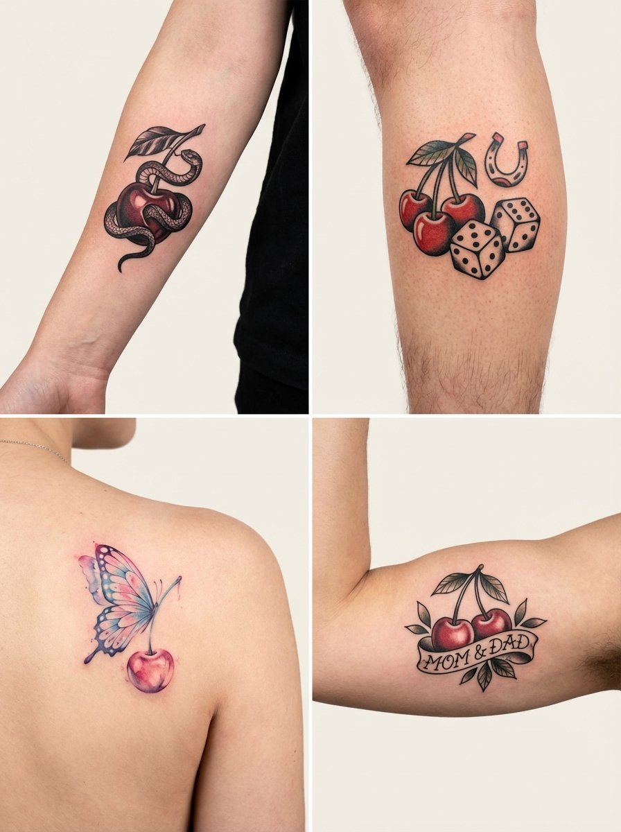 Four cherry tattoo designs: snake-wrapped cherry, cherries with dice, butterfly cherry, 'Mom & Dad' banner