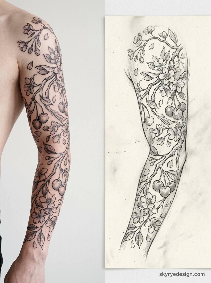 Blackwork cherry blossom sleeve tattoo and matching pencil sketch design featuring branches, flowers and cherries on forearm