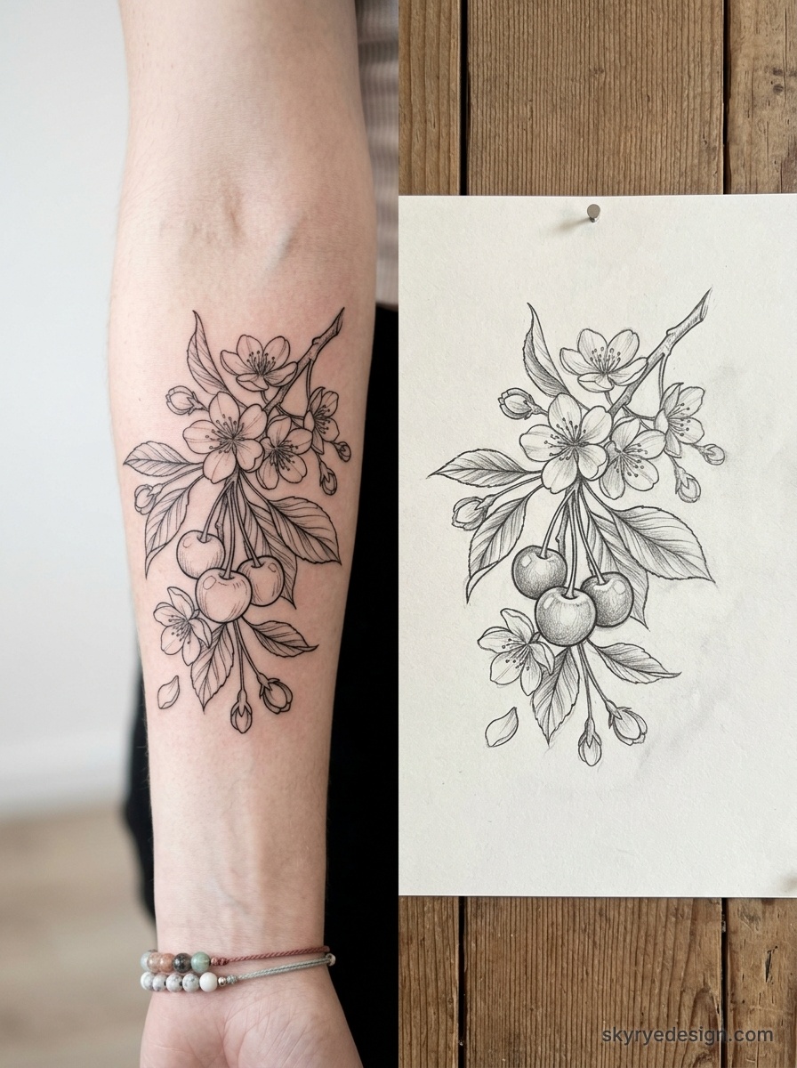 Fine-line cherry blossom and cherries tattoo on inner forearm beside original pencil sketch, botanical black ink design