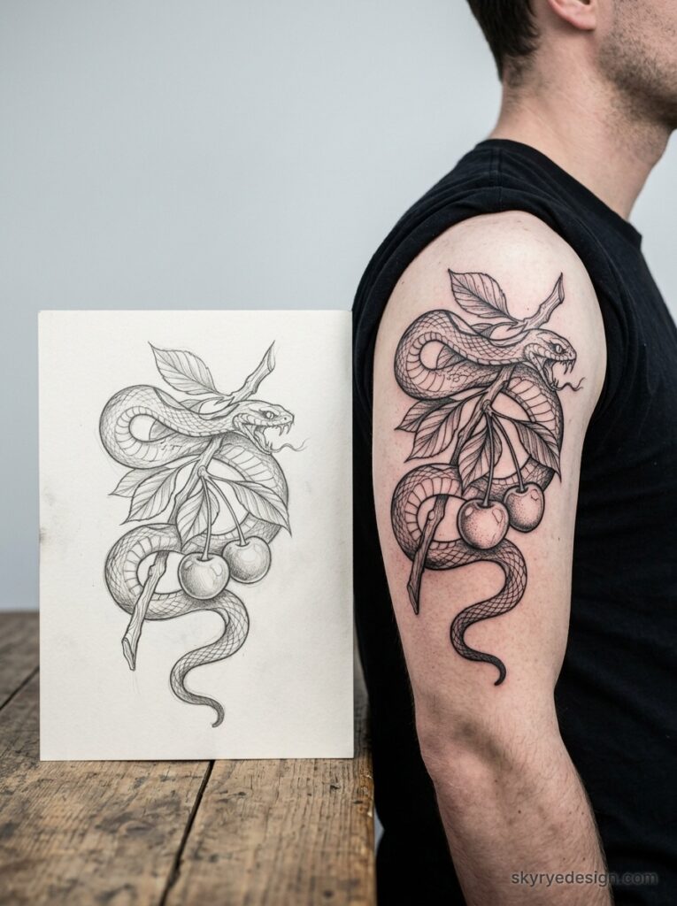 Blackwork snake and cherry branch tattoo on upper arm with original pencil sketch beside it