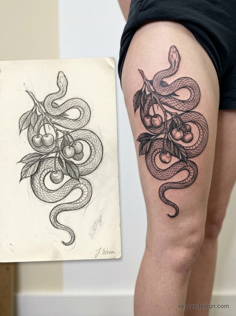 Snake tattoo on thigh: black linework coil entwined with cherries, shown with original pencil sketch