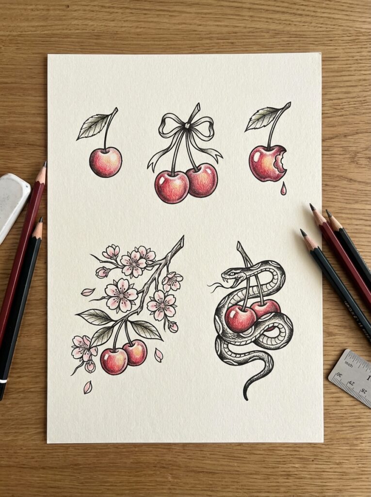 Hand-drawn cherry tattoo flash sheet with cherries, blossom branch, snake-entwined cherries and color pencils