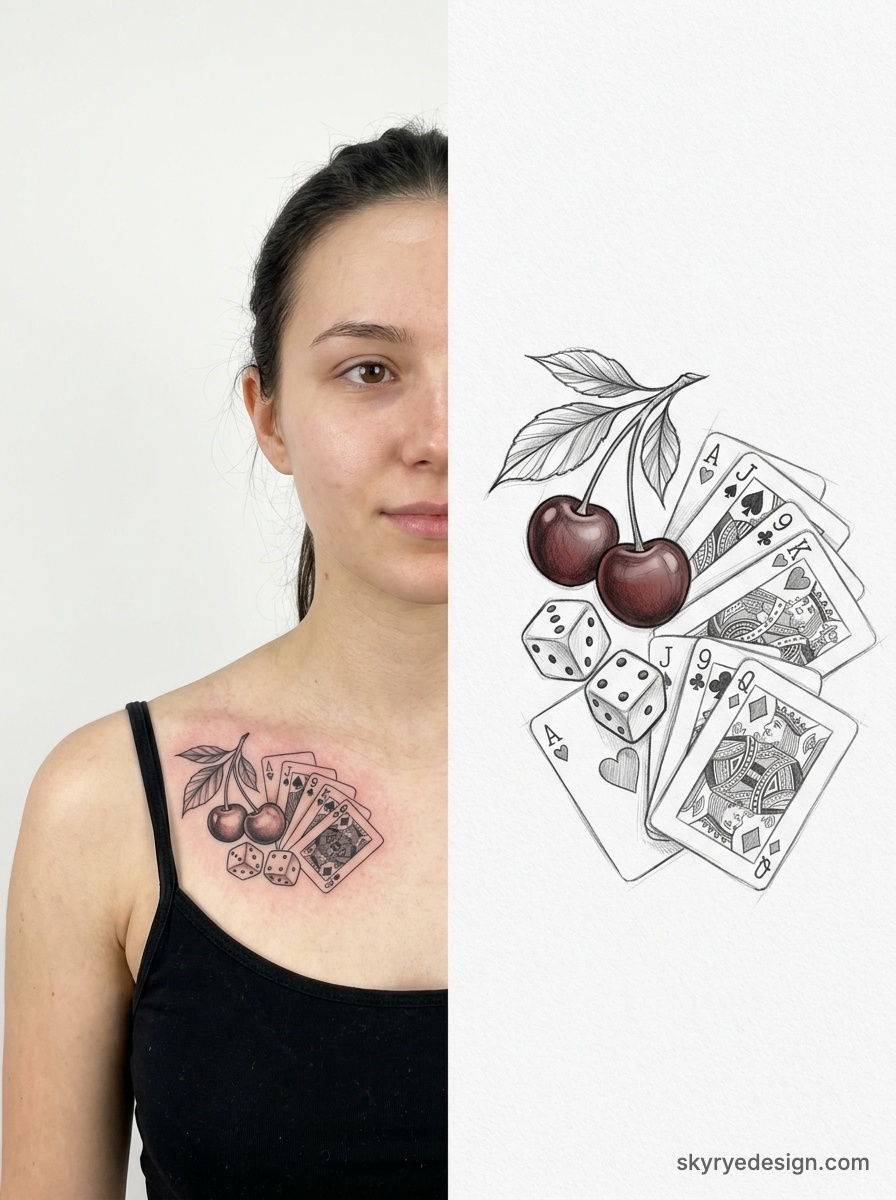 Chest tattoo of cherries, dice and playing cards on a woman, black-and-gray tattoo design