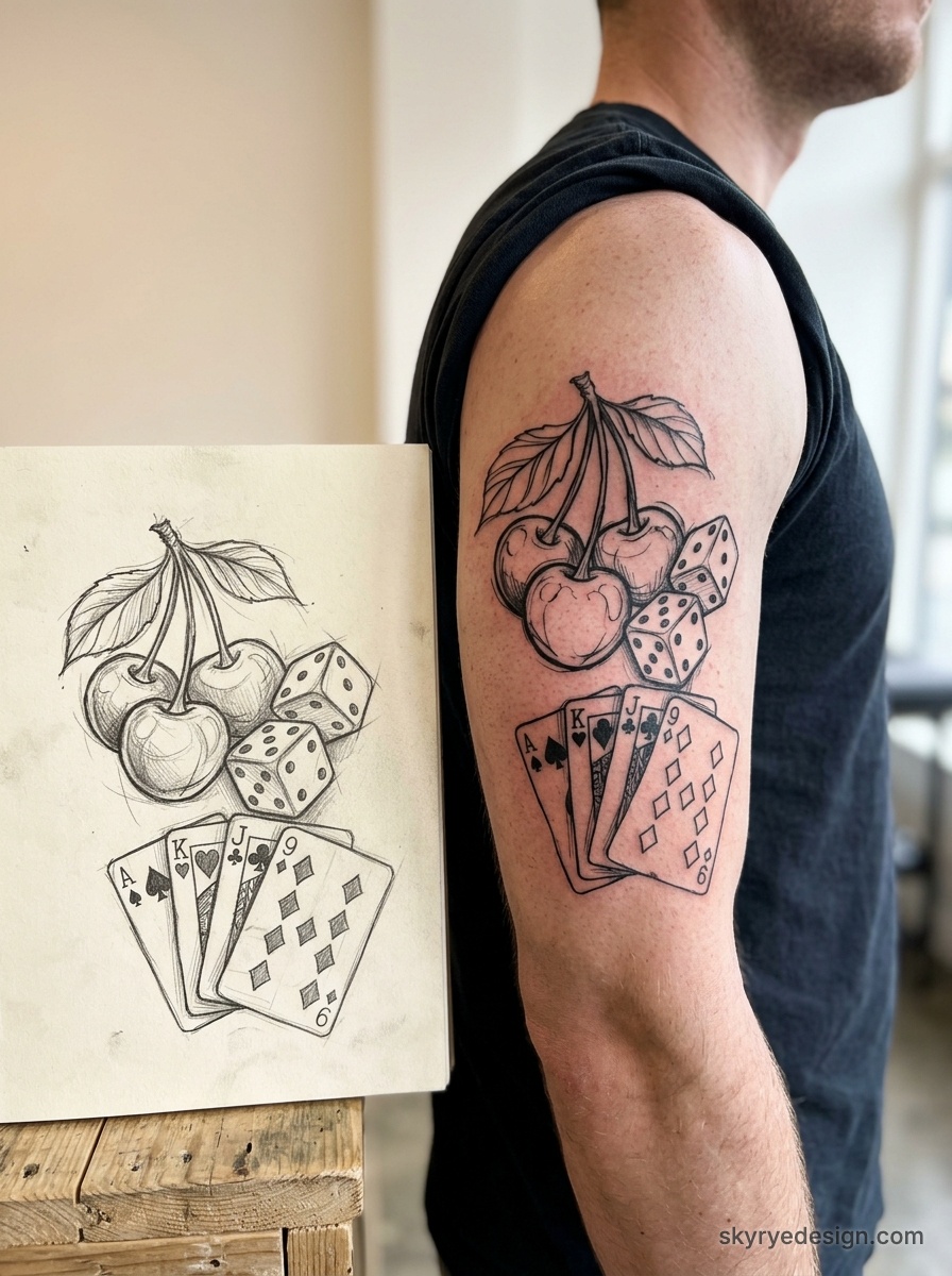 Black linework tattoo of cherries, dice and playing cards on upper arm with original pencil sketch beside it
