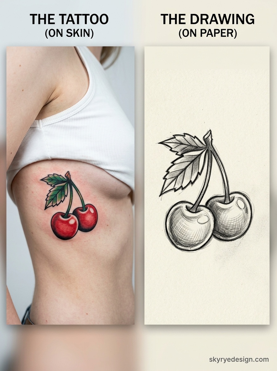 Side-by-side: red double cherry rib tattoo on skin next to black pencil cherry sketch on paper — tattoo design comparison.