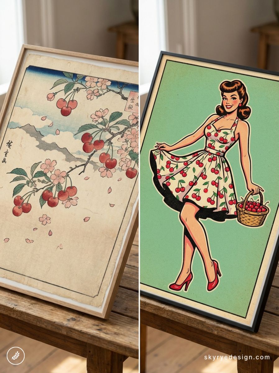 Framed vintage cherry art prints — Japanese cherry blossom woodblock and retro pinup cherry-dress poster on wooden table