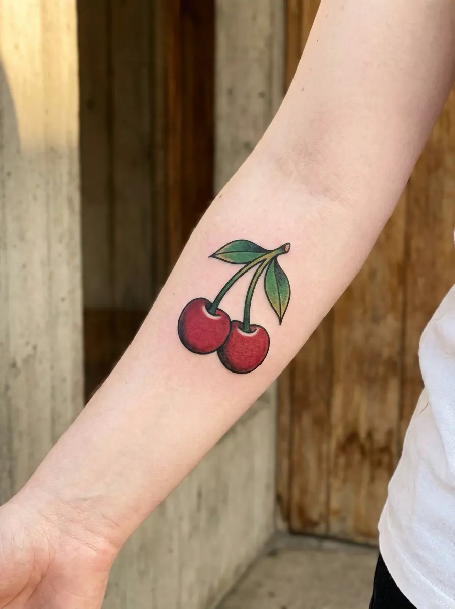 Red twin cherry tattoo with green leaves on inner forearm — small colorful fruit tattoo design