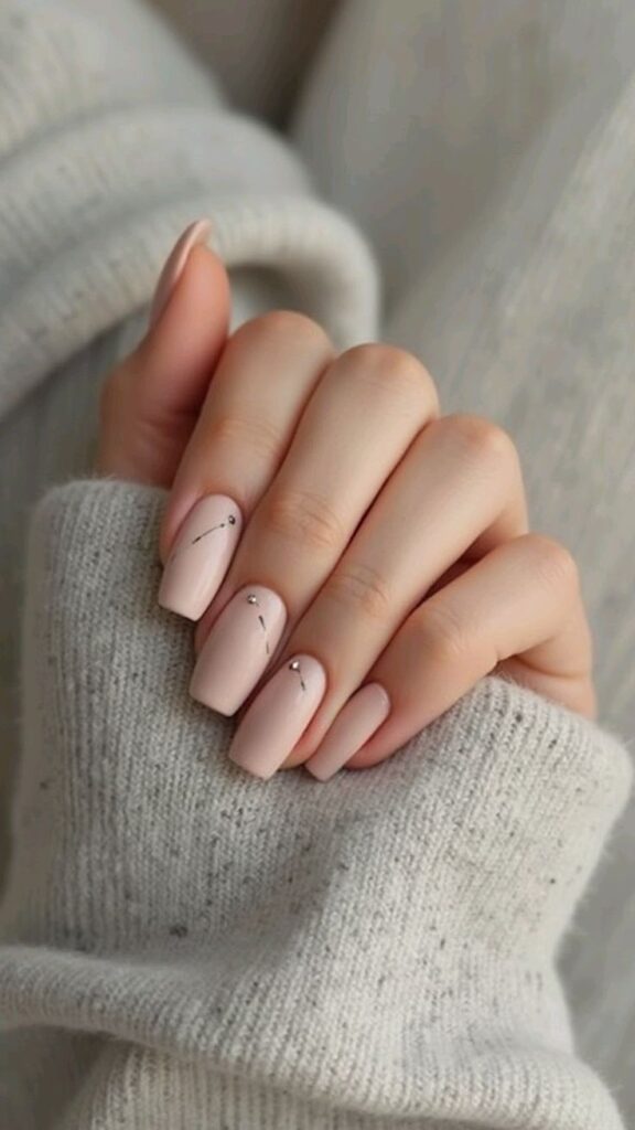 Hand with long nude matte square nails, subtle black line and rhinestone accents, wrapped in gray knit sweater
