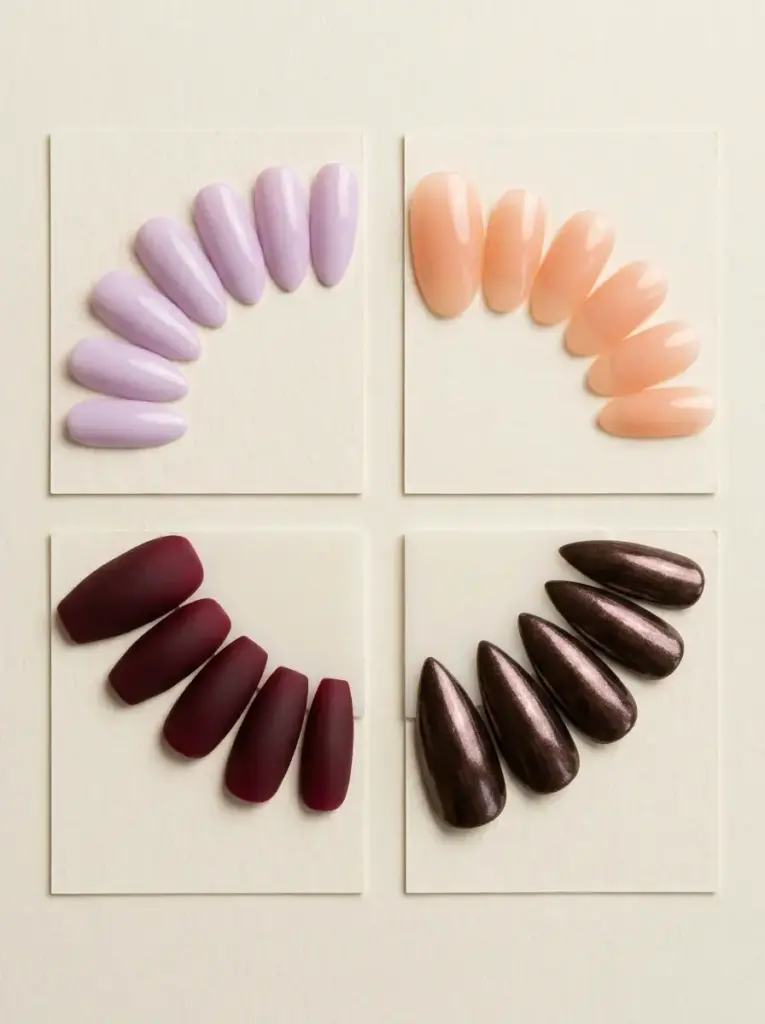 Four sets of almond and stiletto press-on nail tips in lilac, nude, burgundy matte, and metallic brown on display cards