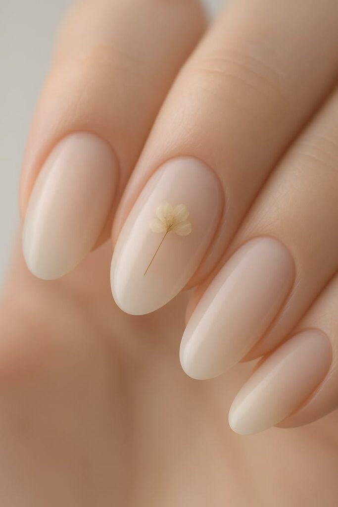 Nude almond nail art: minimalist glossy manicure with tiny dried flower accent on one nail