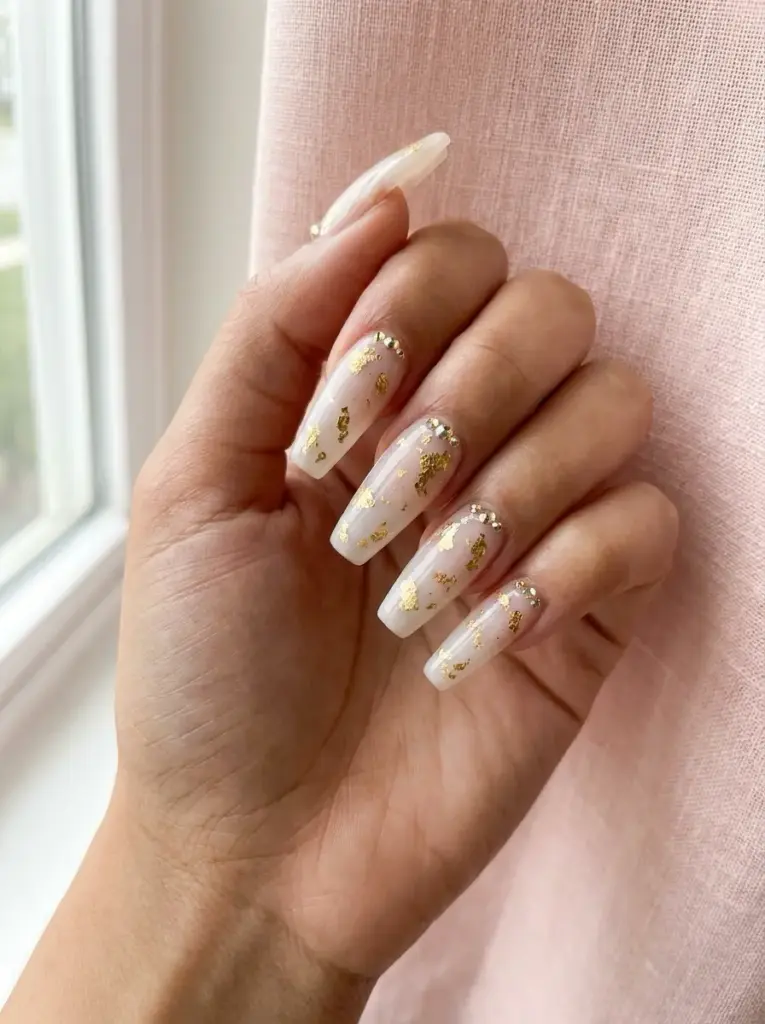 Hand with long coffin-shaped ombré white acrylic nails decorated with gold foil flakes and rhinestones against pink backdrop