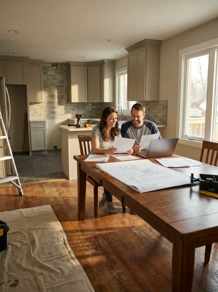 Kitchen renovation: smiling couple reviewing blueprints and plans at dining table with laptop
