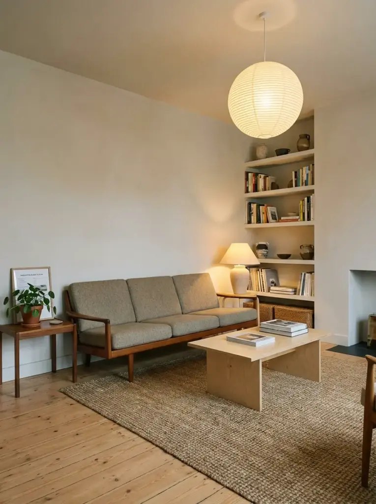 Minimal living room with mid-century wooden sofa, woven rug, simple coffee table, built-in bookshelf and pendant light