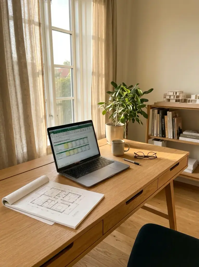 Sunlit home office with wooden desk, laptop displaying spreadsheet, architectural floor plan, coffee mug and potted plant