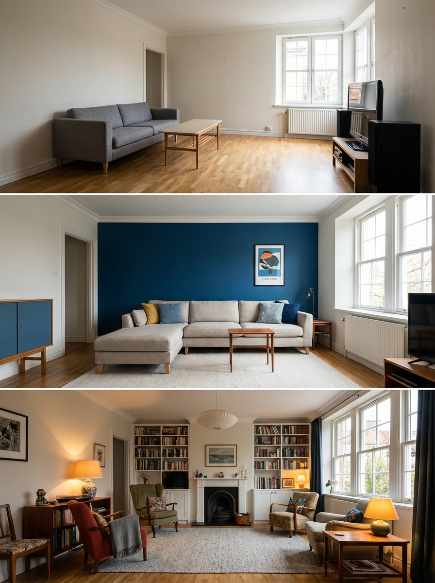 Before-and-after living room makeover: empty room, modern blue-accent sectional, cozy classic space with fireplace.