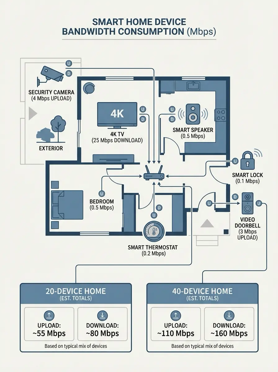 Smart home bandwidth infographic showing device Mbps usage and estimated upload/download totals for 20- and 40-device homes.