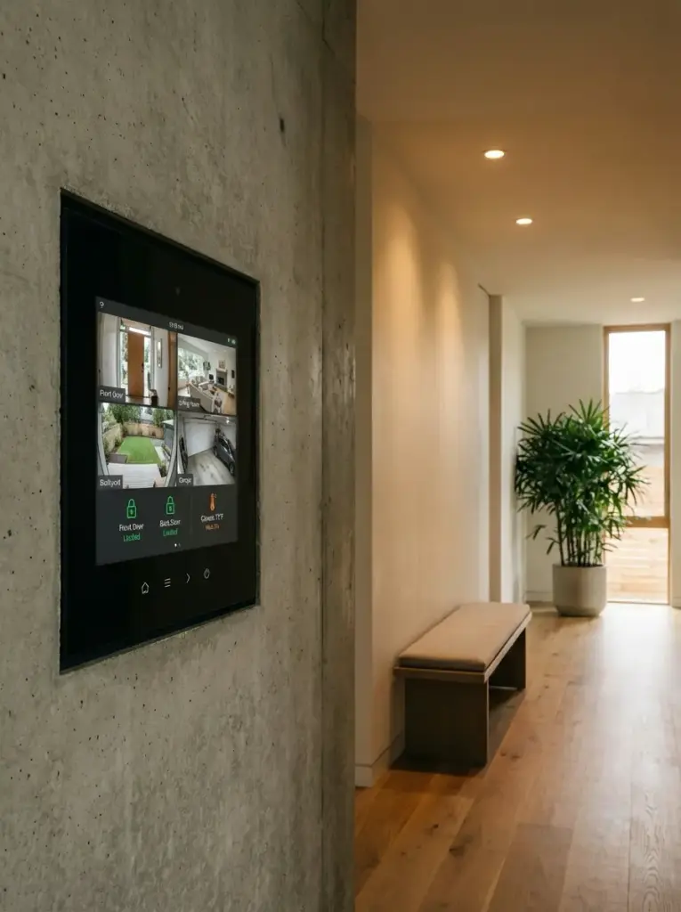 Smart home touchscreen security panel on concrete wall showing camera feeds in modern hallway with bench and plant.