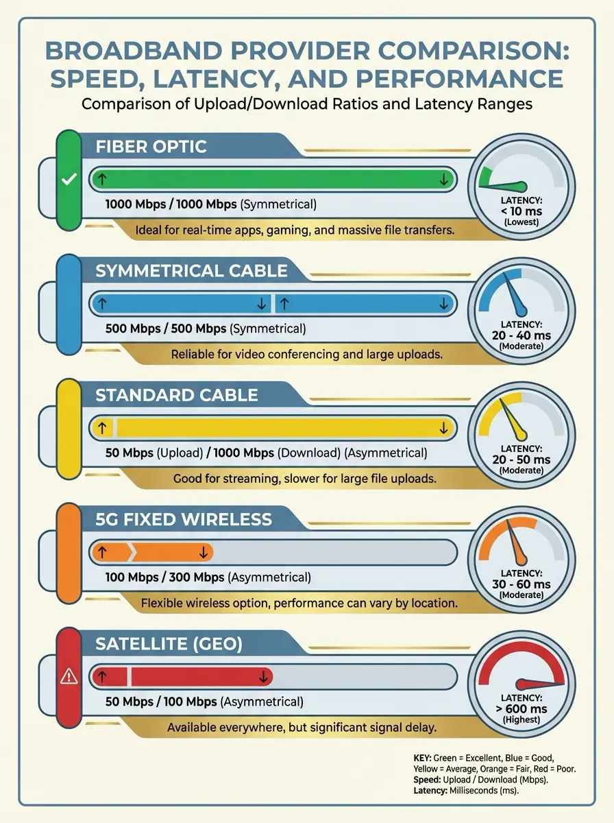 Broadband provider comparison infographic showing fiber, cable, 5G fixed wireless, satellite speeds and latency