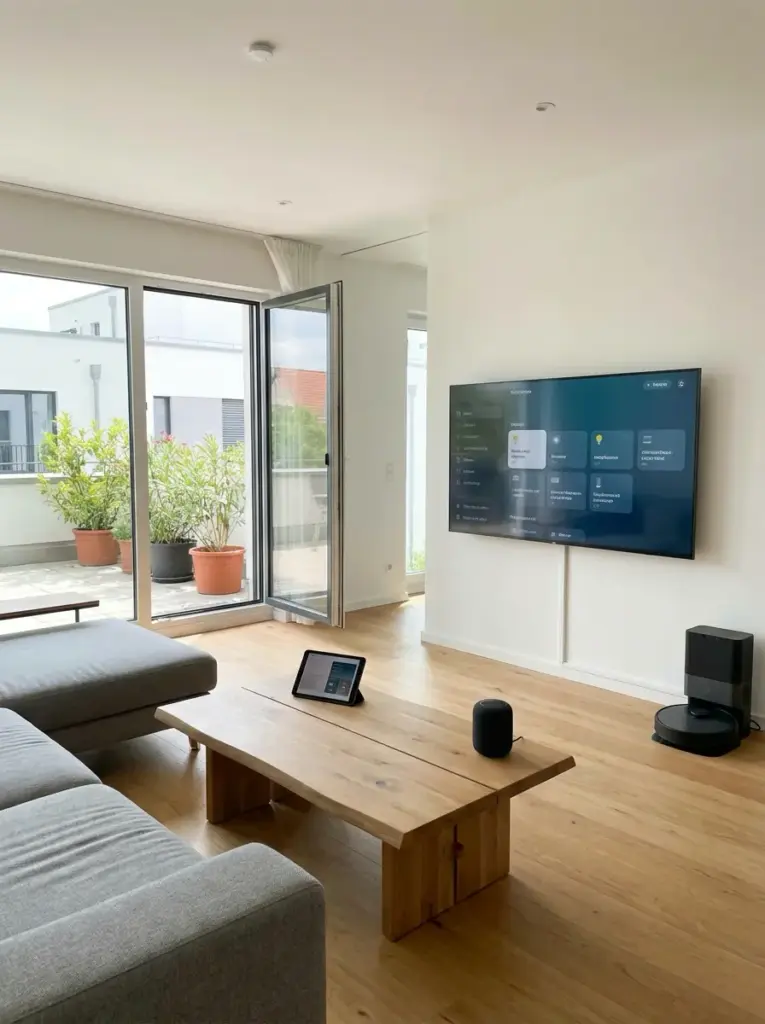 Minimalist modern living room with wall-mounted smart TV, wooden coffee table, gray sectional and balcony potted plants