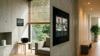 Modern living room with wall-mounted smart home control panel displaying security camera feeds, sofa and natural light