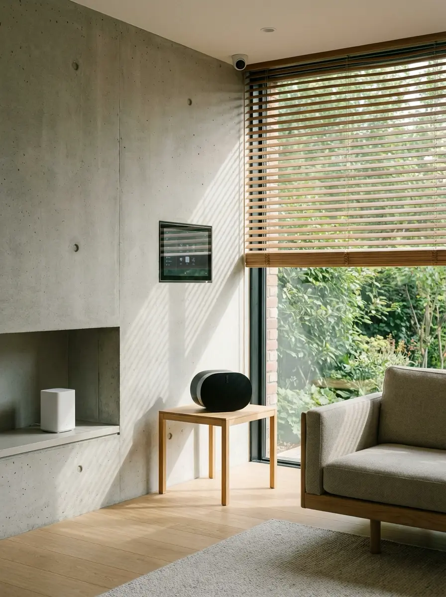 Modern living room with black smart speaker on wooden table, touchscreen control panel, concrete wall and window blinds