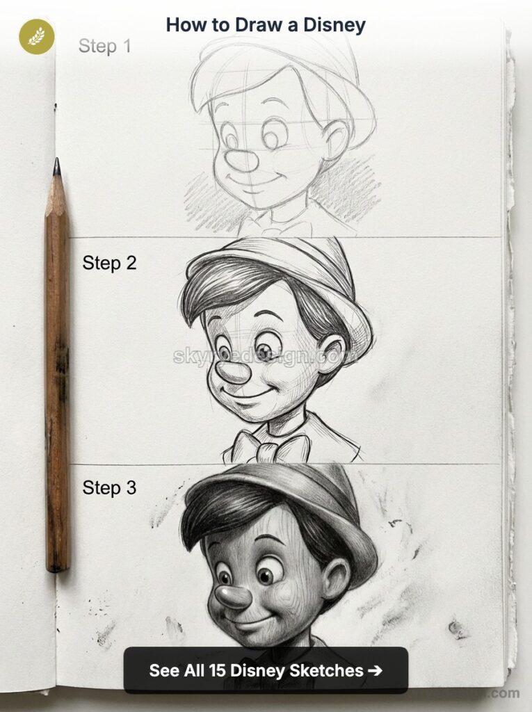 tutorial-pinocchio-cartoon Step-by-step pencil tutorial showing three Disney-style boy sketches progressing from rough to shaded drawing in a sketchbook | Sky Rye Design Step-by-step pencil tutorial showing three Disney-style boy sketches progressing from rough to shaded drawing in a sketchbook