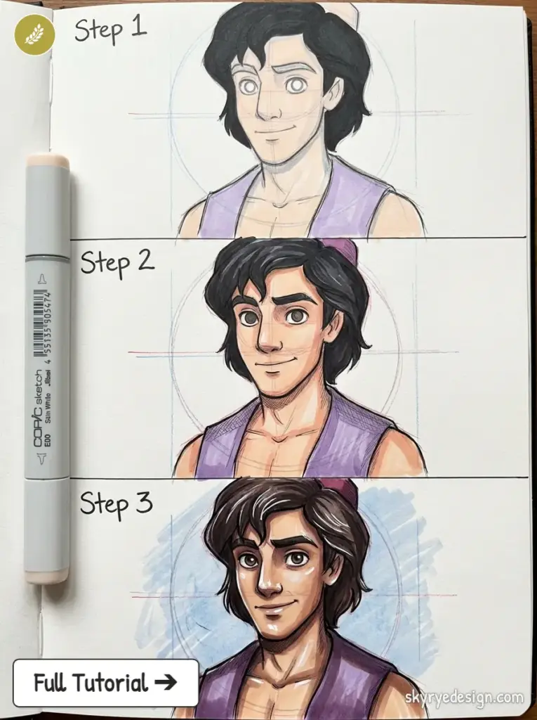 copic-tutorial-1775734092643 Three-step Copic marker drawing tutorial showing a male character portrait from pencil sketch to finished colored rendering. | Sky Rye Design Three-step Copic marker drawing tutorial showing a male character portrait from pencil sketch to finished colored rendering.