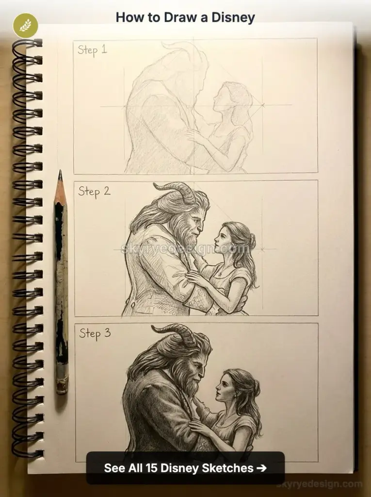 tutorial-beauty-and-the-beast-1991-cartoon Sketchbook tutorial: three-step pencil drawing of Disney's Beast and Belle, step-by-step grid guidelines and shading. | Sky Rye Design Sketchbook tutorial: three-step pencil drawing of Disney's Beast and Belle, step-by-step grid guidelines and shading.