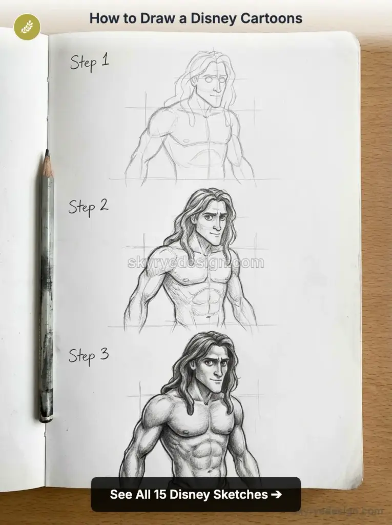 tutorial-tarzan-cartoon How to draw a Disney-style male character: step-by-step pencil sketch tutorial showing three stages in a sketchbook | Sky Rye Design How to draw a Disney-style male character: step-by-step pencil sketch tutorial showing three stages in a sketchbook