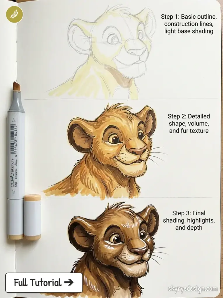 copic-tutorial-1775735668991 Step-by-step lion cub drawing tutorial: basic sketch, fur texture, final shading and highlights with markers | Sky Rye Design Step-by-step lion cub drawing tutorial: basic sketch, fur texture, final shading and highlights with markers