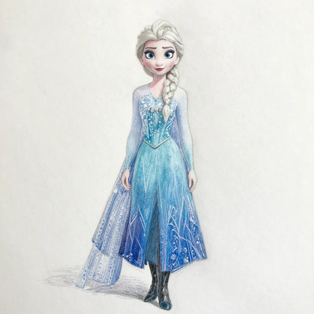 89da1ed1-083e-4d17-9713-43f69f9d62b2 Elsa (Frozen) illustration: full‑body front view in blue embroidered gown with braided hair on white background | Sky Rye Design Elsa (Frozen) illustration: full‑body front view in blue embroidered gown with braided hair on white background