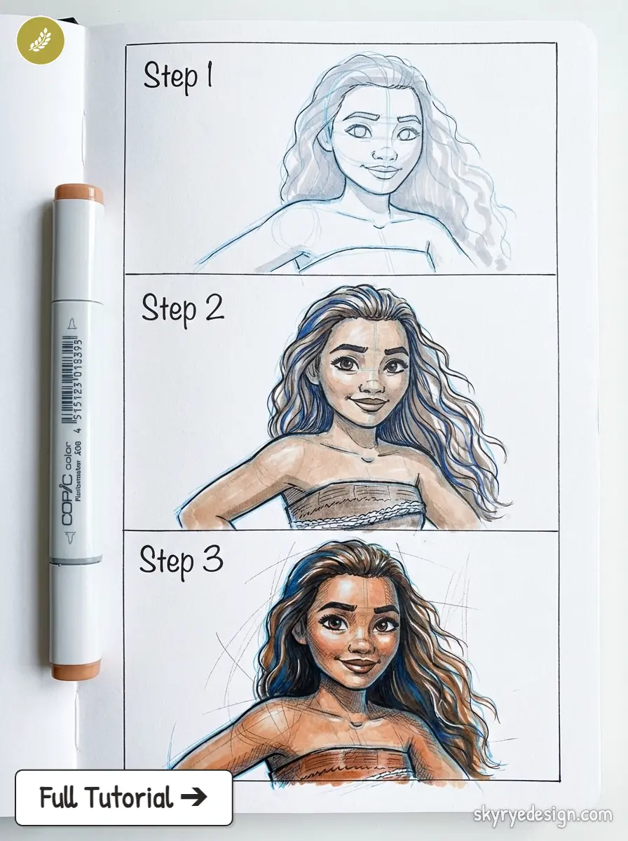 copic-tutorial-1775736689388 Character drawing tutorial: sketch to full-color marker portrait of a girl with long wavy hair, three steps shown | Sky Rye Design Character drawing tutorial: sketch to full-color marker portrait of a girl with long wavy hair, three steps shown