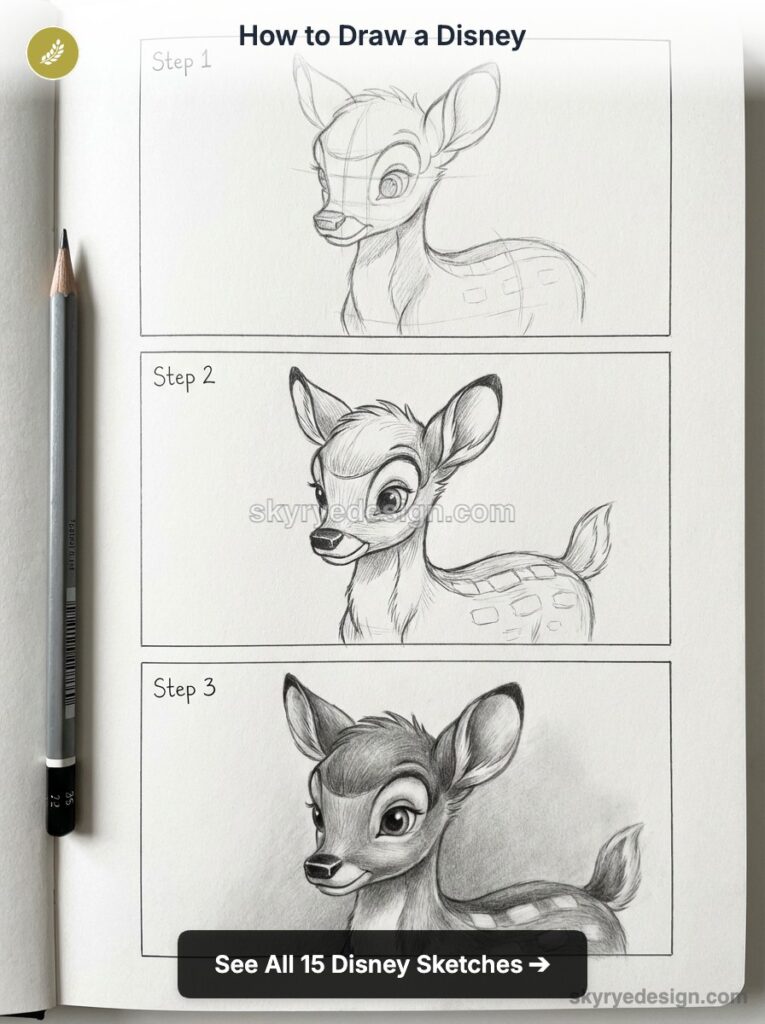 tutorial-bambi-cartoon 1 How to draw a Disney-style fawn: step-by-step pencil sketch tutorial with three progressive drawing stages | Sky Rye Design How to draw a Disney-style fawn: step-by-step pencil sketch tutorial with three progressive drawing stages