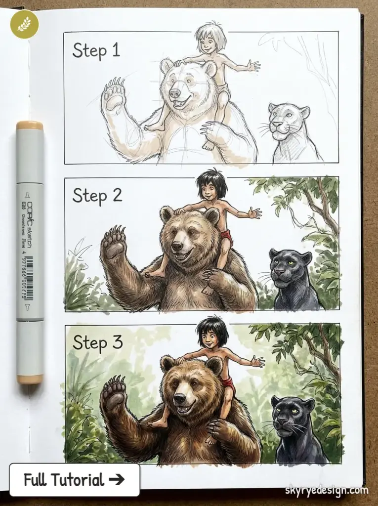 copic-tutorial-1775732450338 Drawing tutorial: boy on a bear with panther, three-step sketch-to-full-color illustration | Sky Rye Design Drawing tutorial: boy on a bear with panther, three-step sketch-to-full-color illustration