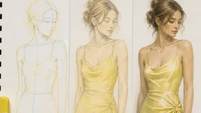 Step-by-step drawing showing pencil sketch to finished colored portrait of woman in yellow satin dress