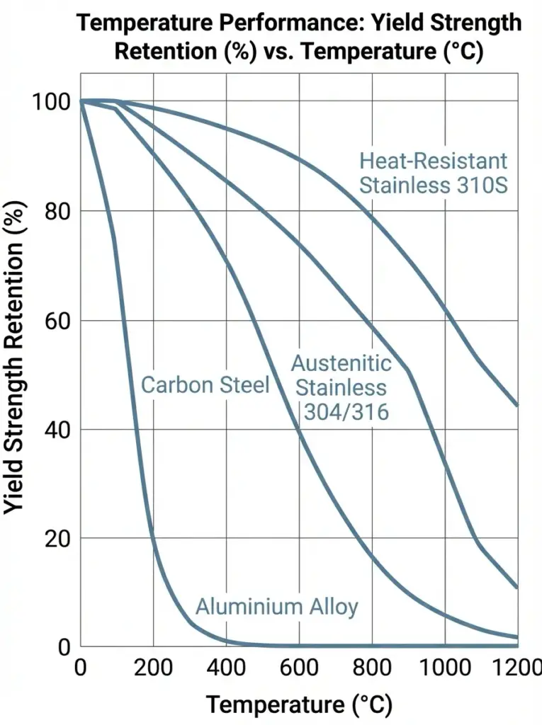 Yield strength retention vs temperature (°C) for Al alloy, carbon steel, austenitic 304/316 and heat‑resistant 310S stainless