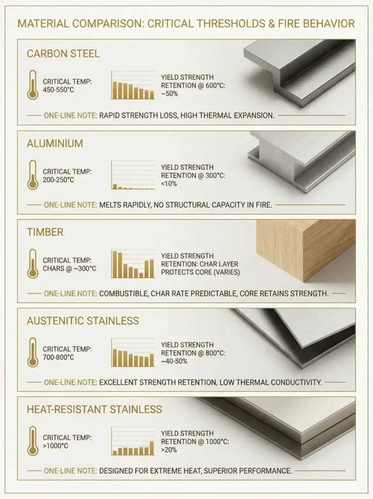 Infographic: fire behavior and critical temps for carbon steel, aluminium, timber, austenitic & heat-resistant stainless