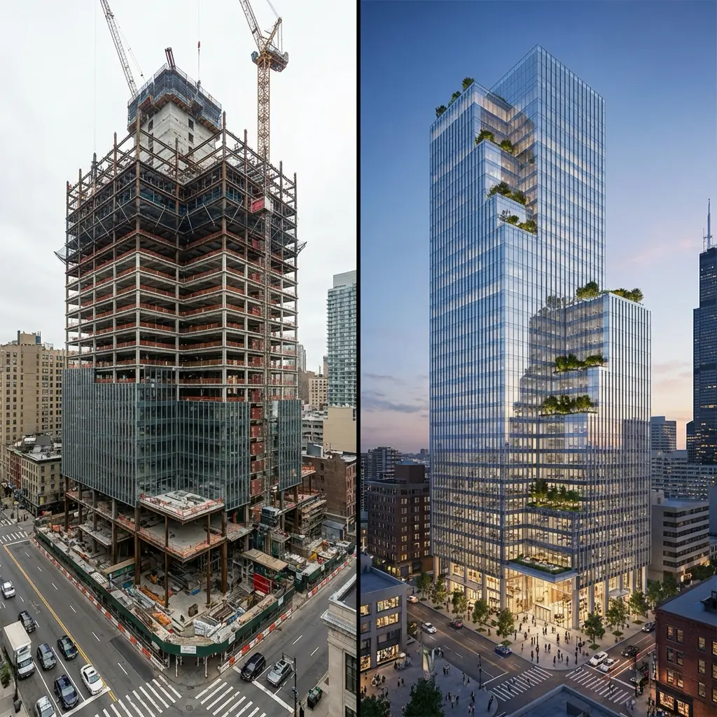 Before-and-after high-rise: construction skeleton vs finished glass office tower with terraced greenery at urban intersection