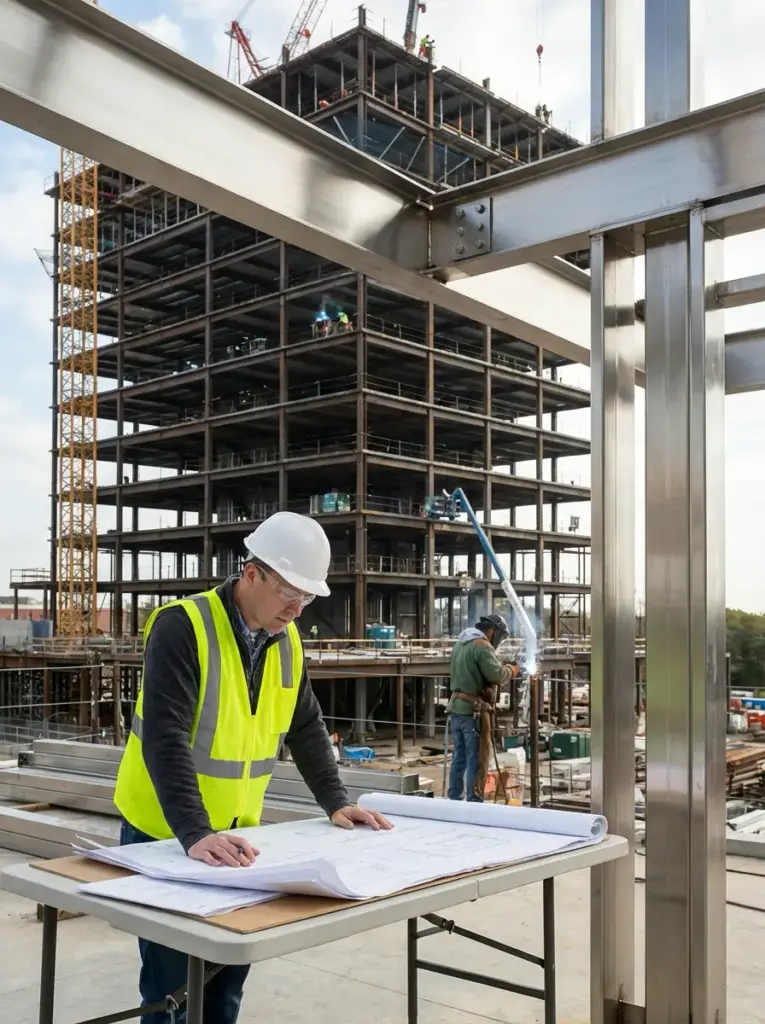 Construction engineer reviewing blueprints at site with steel-frame high-rise under construction and welding crew