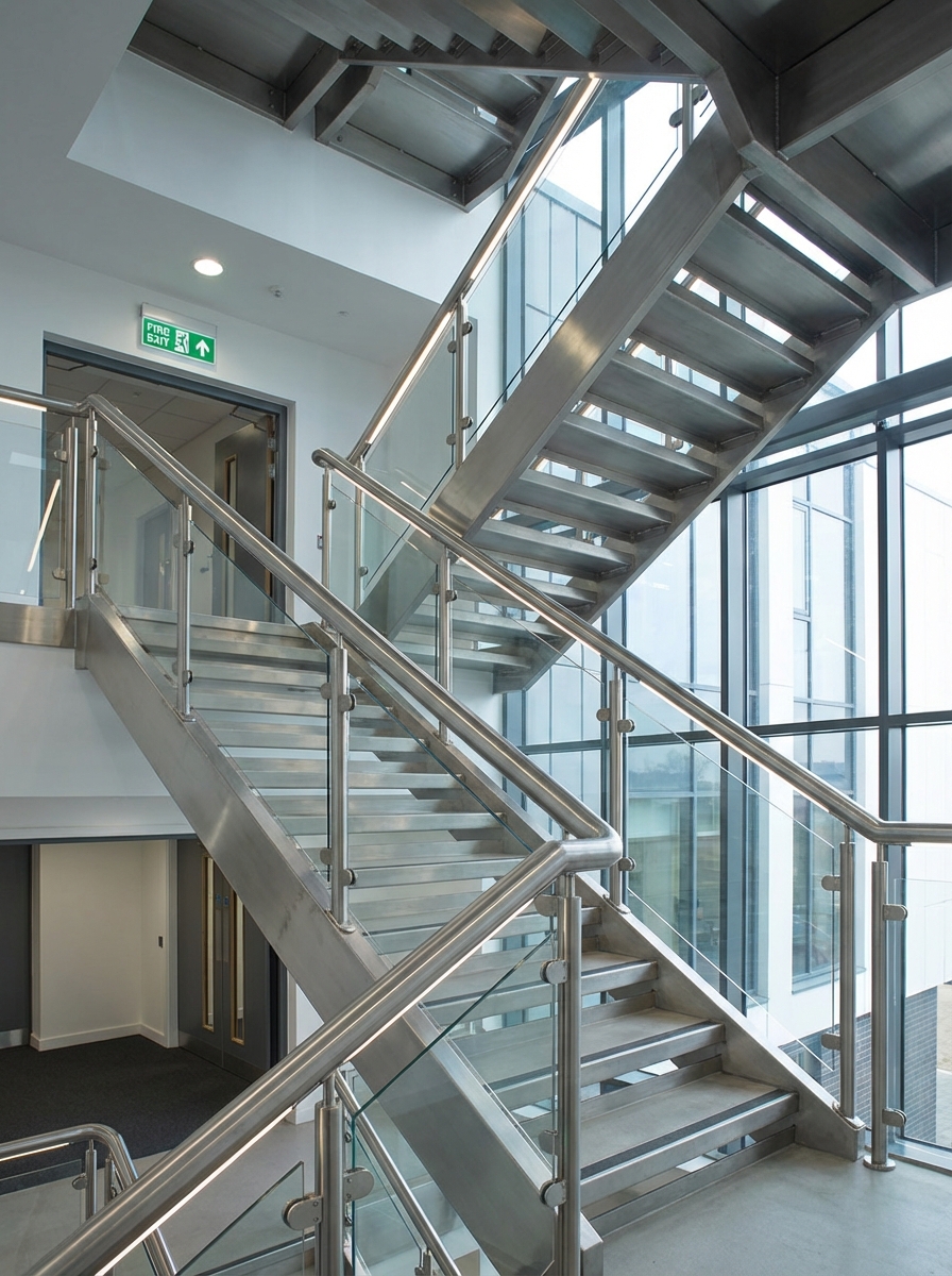 Modern stainless steel staircase with glass balustrades in bright office building atrium