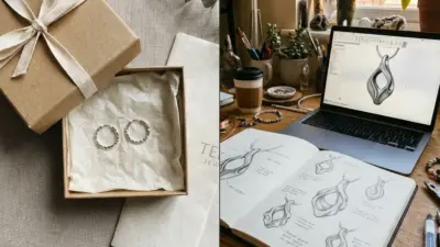 Gift box with silver hoop earrings next to a jewelry designer's desk with sketches and CAD pendant.