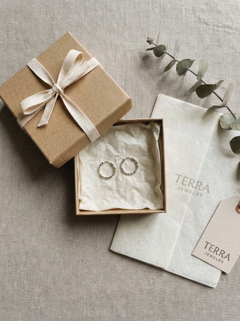 Textured silver hoop earrings in kraft gift box with ribbon, Terra Jewelry tag and eucalyptus on neutral linen backdrop