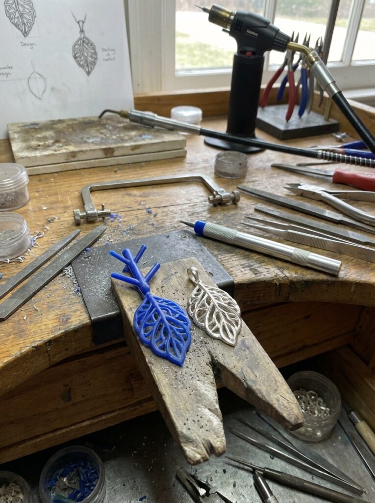 Jewelry workbench with leaf pendant: blue wax model and silver cast, jeweler tools, torch and leaf design sketches.