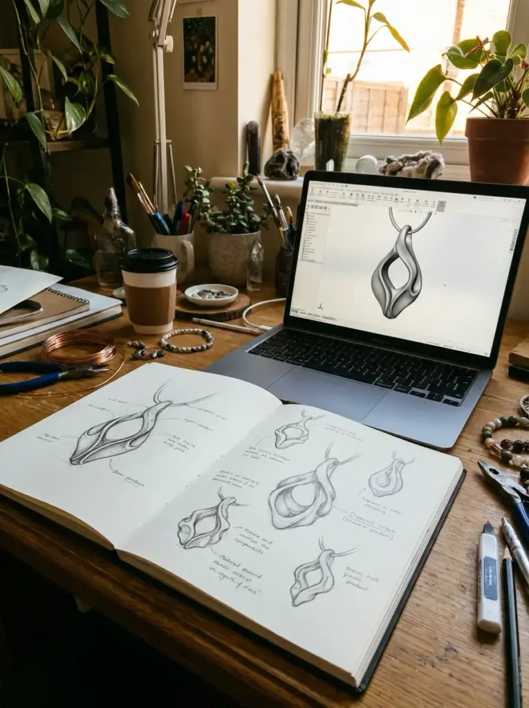 Jewelry design workspace: pendant sketches in sketchbook, CAD pendant model on laptop, tools, wire and plants