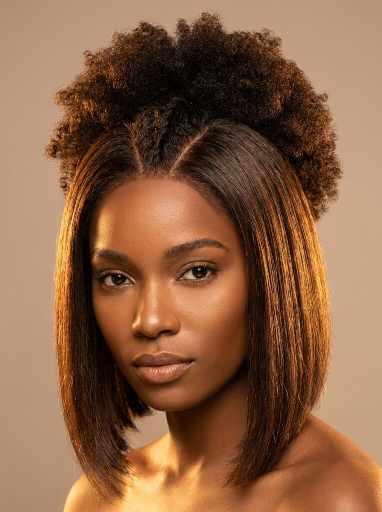 Studio portrait of woman with textured afro puff and sleek shoulder-length bob, natural makeup, warm lighting