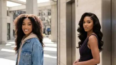 Before-and-after hair transformation: casual curly look in denim jacket and glamorous long wavy style in a black dress