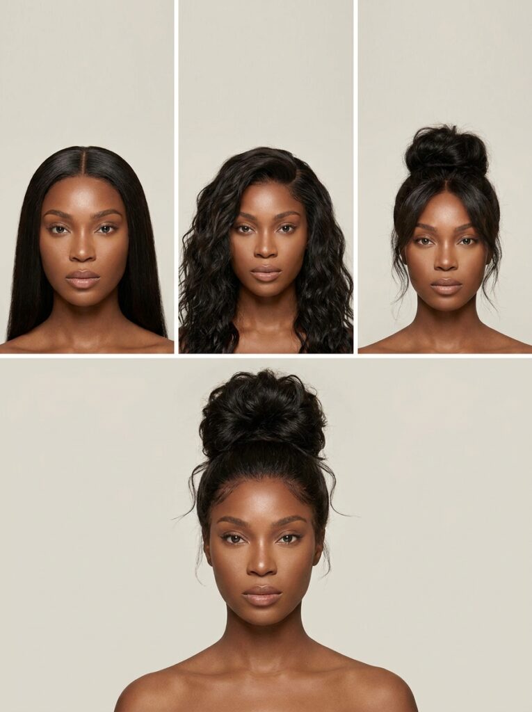 Model showcasing four versatile hairstyles: sleek straight, loose waves, low bun with tendrils, high messy top bun